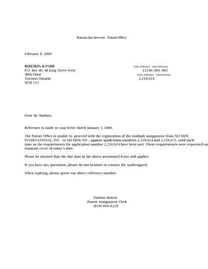 Canadian Patent Document 2210924. Correspondence 20000208. Image 1 of 1
