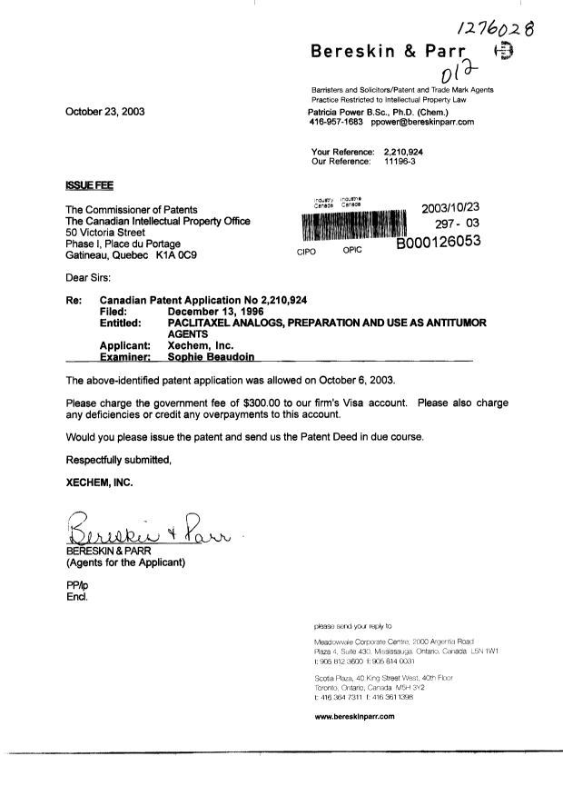 Canadian Patent Document 2210924. Correspondence 20031023. Image 1 of 1