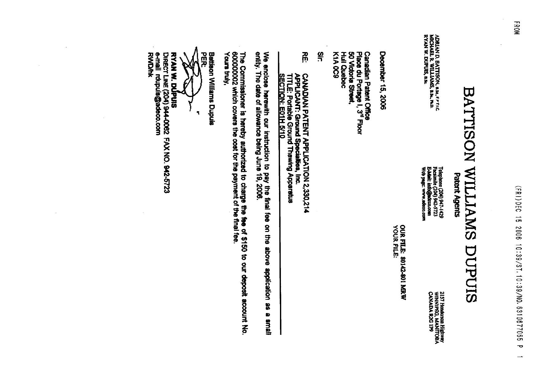 Document de brevet canadien 2330214. Correspondance 20051215. Image 2 de 2