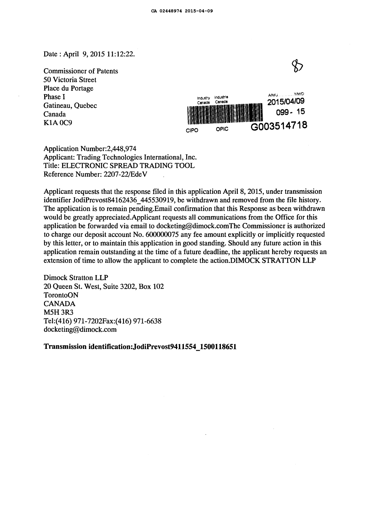 Canadian Patent Document 2448974. Prosecution-Amendment 20150409. Image 1 of 1