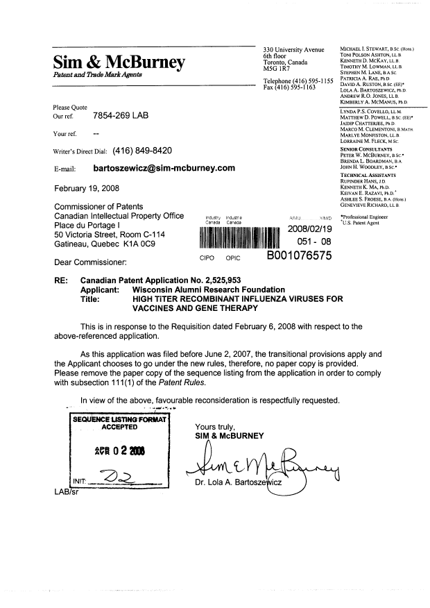 Canadian Patent Document 2525953. Prosecution-Amendment 20080219. Image 1 of 1
