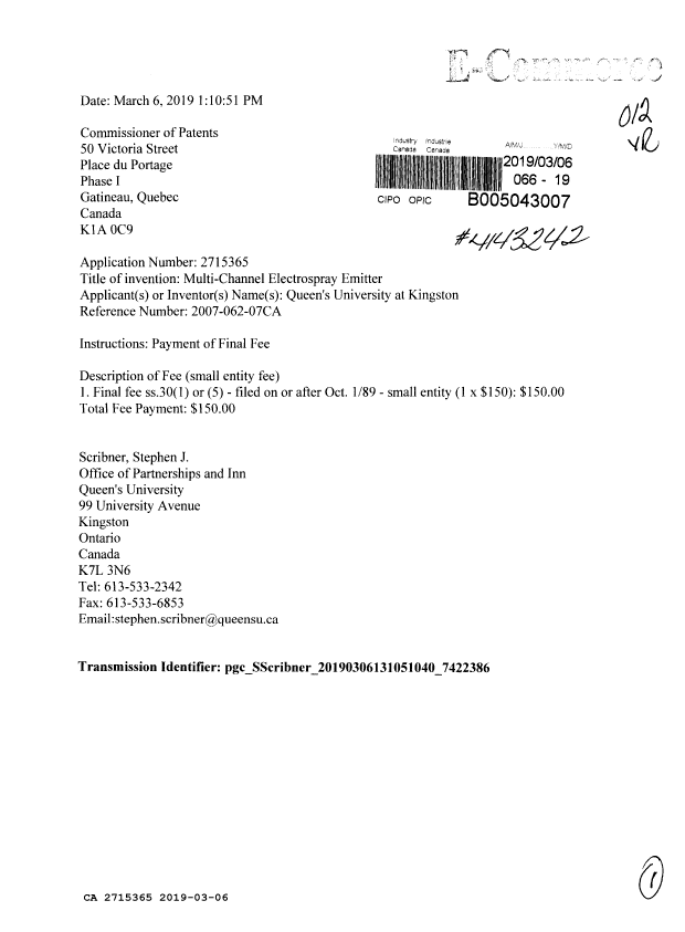 Canadian Patent Document 2715365. Final Fee 20190306. Image 1 of 1