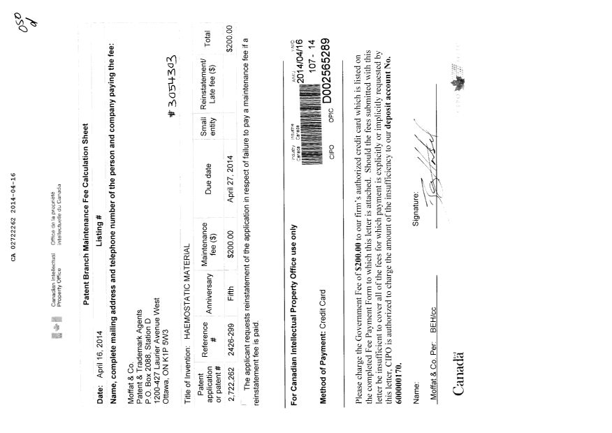 Document de brevet canadien 2722262. Taxes 20131216. Image 1 de 1