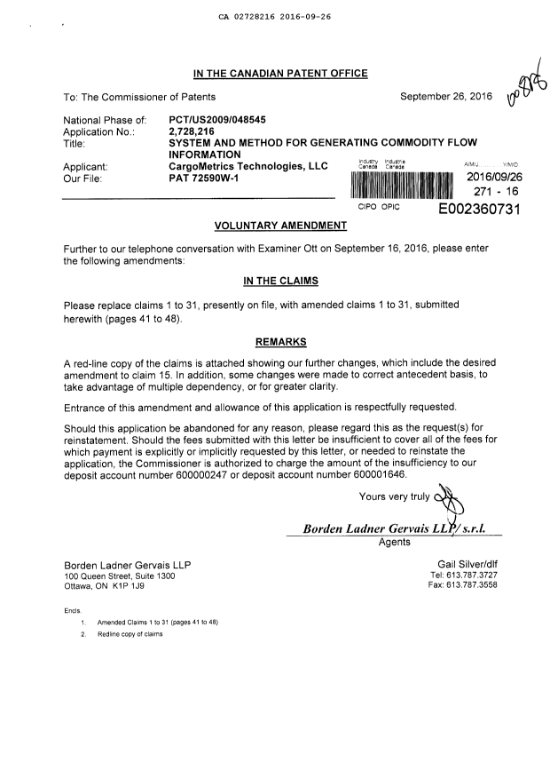 Document de brevet canadien 2728216. Poursuite-Amendment 20160926. Image 1 de 17
