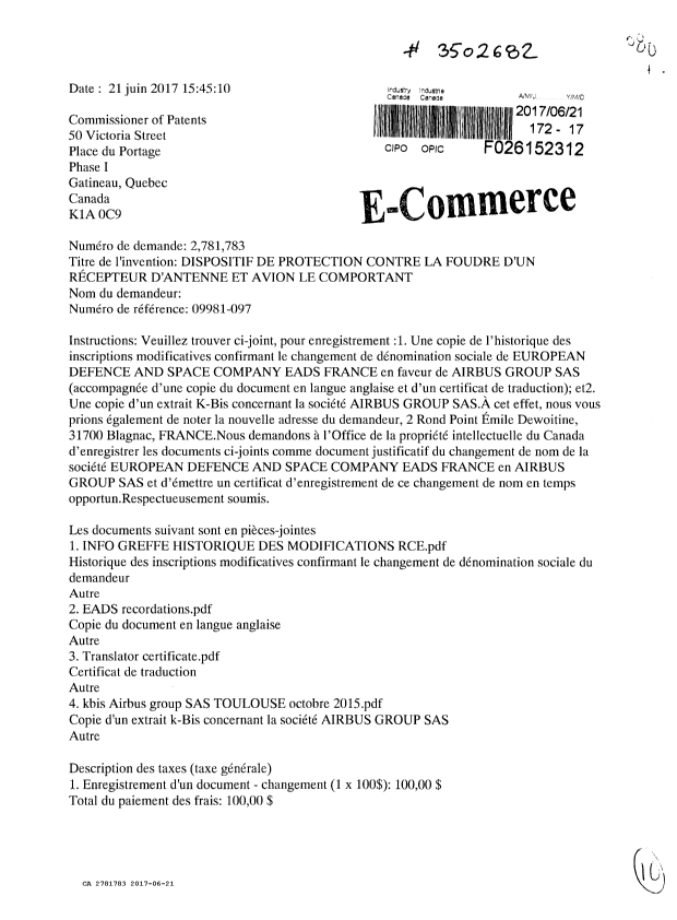 Patent 2781783 Assignment 1 10 Canadian Patents Database