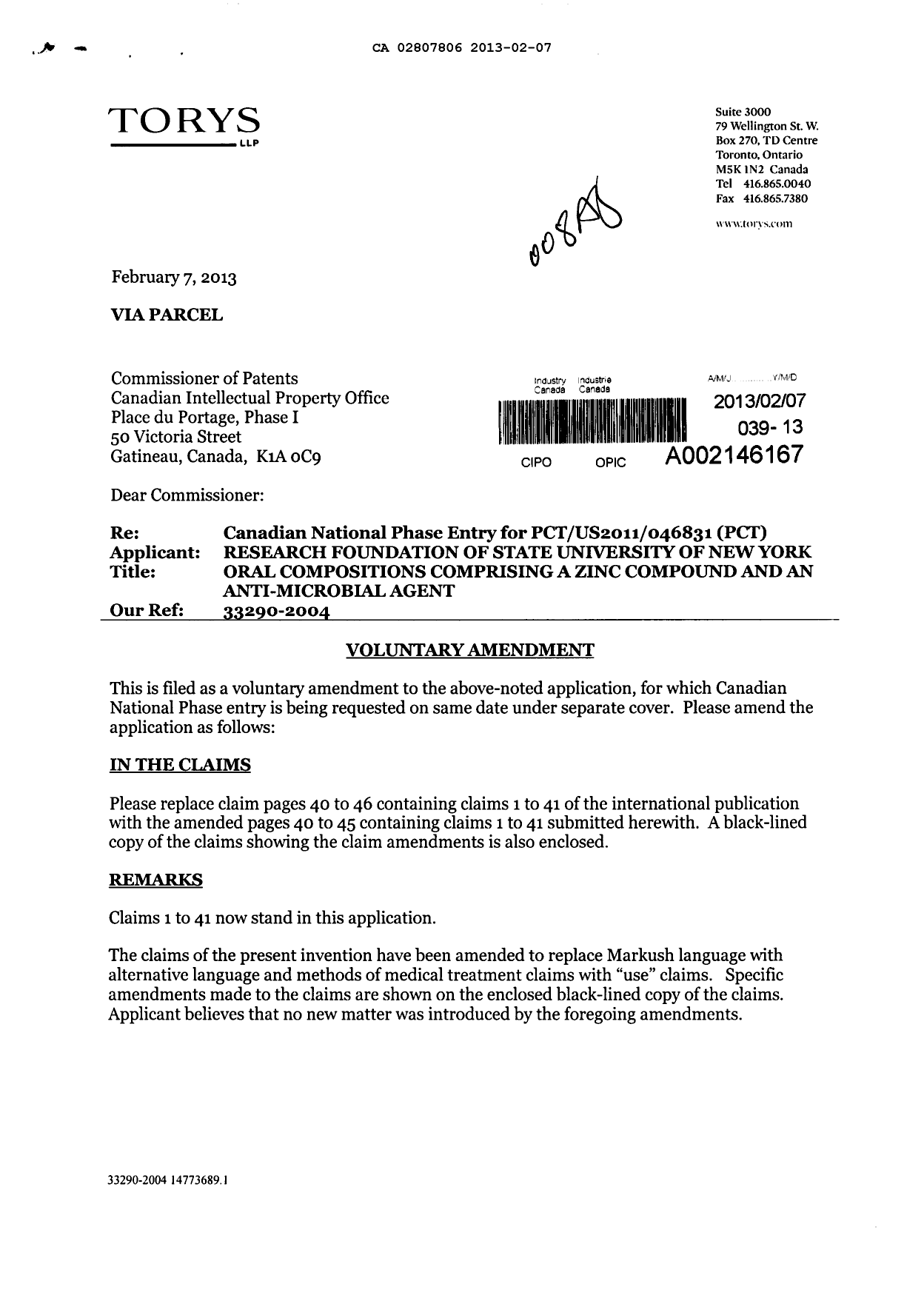 Document de brevet canadien 2807806. Poursuite-Amendment 20130207. Image 1 de 14