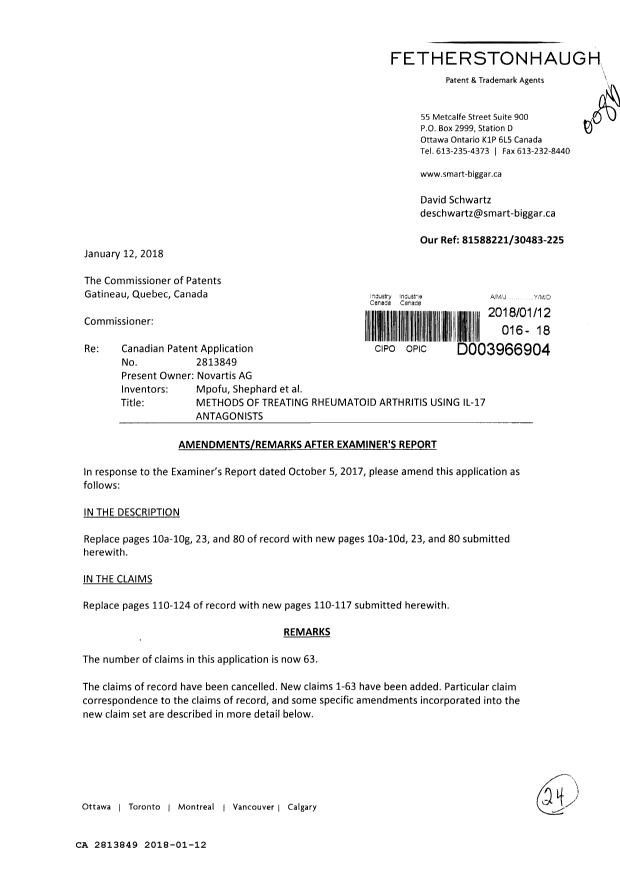 Canadian Patent Document 2813849. Amendment 20180112. Image 1 of 24