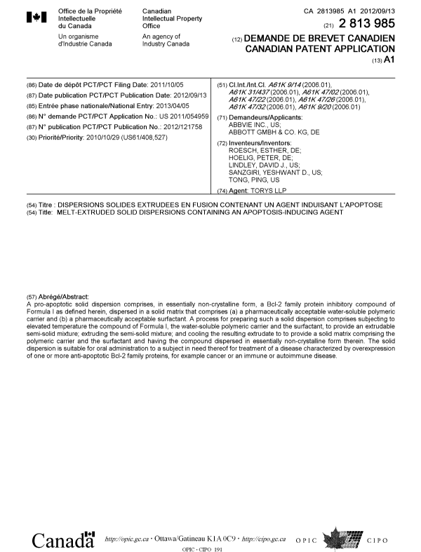 Canadian Patent Document 2813985. Cover Page 20130619. Image 1 of 1