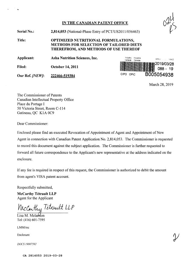 Document de brevet canadien 2814053. Changement de nomination d'agent 20190328. Image 1 de 2