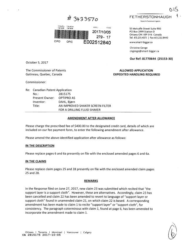 Canadian Patent Document 2815175. Amendment after Allowance 20171005. Image 1 of 6