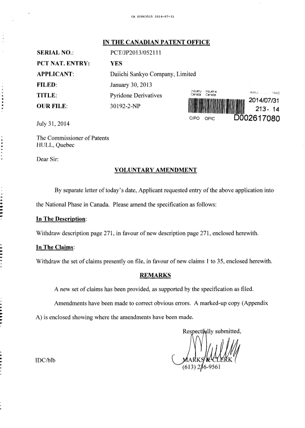Canadian Patent Document 2863515. Prosecution-Amendment 20140731. Image 1 of 36