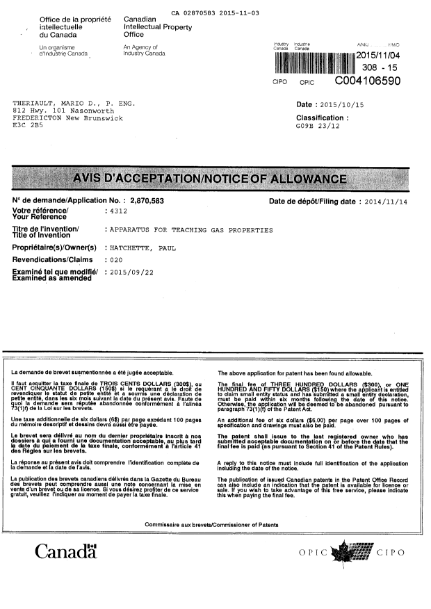 Document de brevet canadien 2870583. Taxe finale 20151103. Image 2 de 2