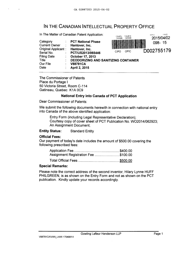 Canadian Patent Document 2887353. Assignment 20150402. Image 1 of 7