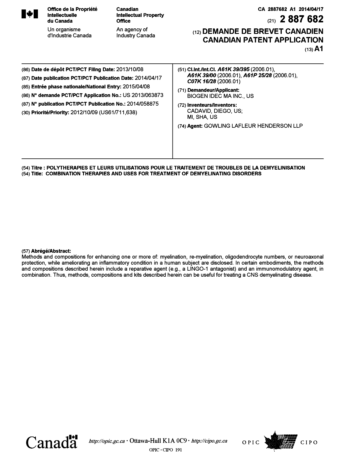 Document de brevet canadien 2887682. Page couverture 20150427. Image 1 de 1